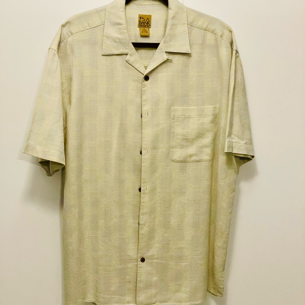 Men's Light Green & Blue Short Sleeve Casual Button Down Silk Shirt Sz XL